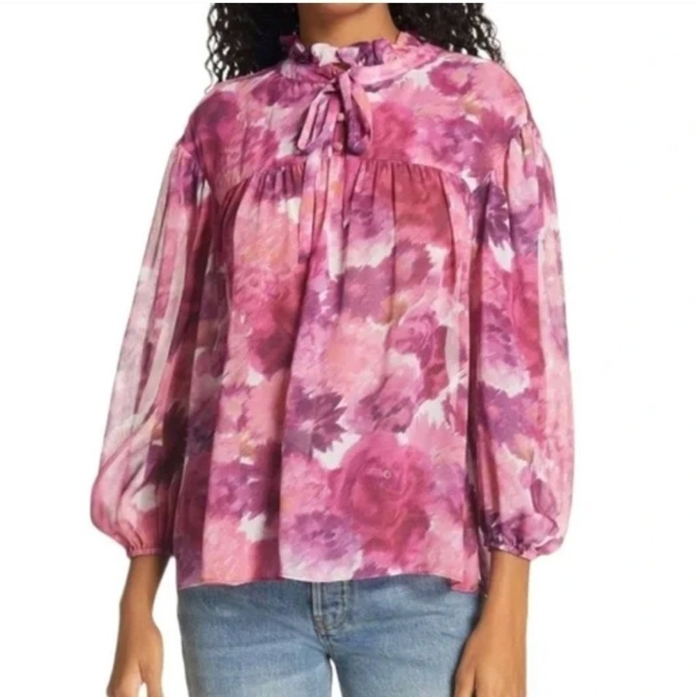 LoveShackFancy Gamela Blouse XS Purple‎ Pink Floral Silk Long Sleeve Ruffle Neck